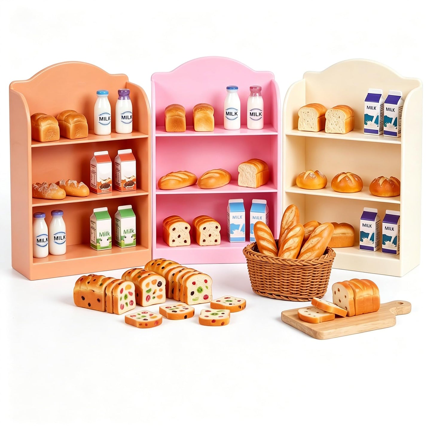 Susade 3Pcs Miniature Supermarket Shelves Mini Doll House Store Storage Bookshelf Display Shelves Furniture Model 3Layers Kitchen Shelf Display Books Storage Racks Mini Food Drink Bottle Locker Decor