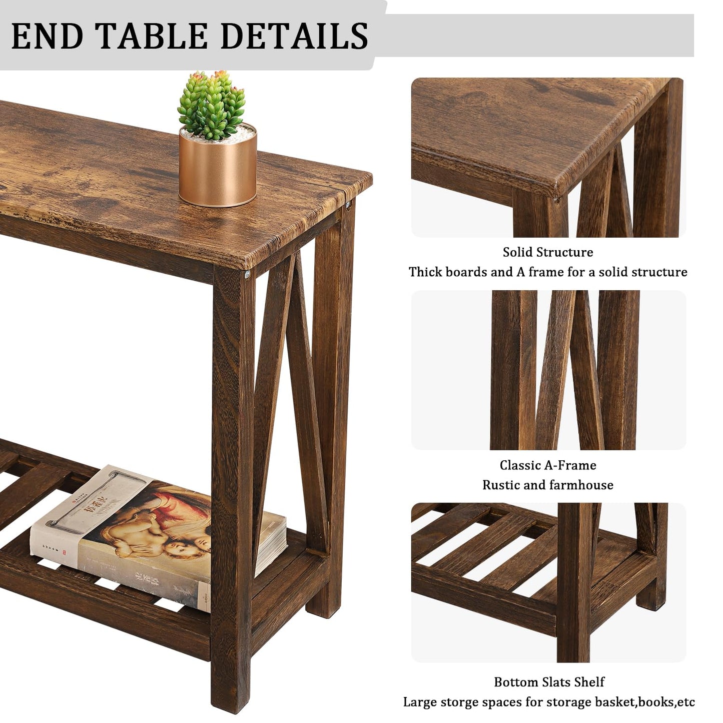 FEUFOAM End Side Table with Storage Shelf Rectangle Narrow Nightstand Console Tables Brown Smooth End Table for Small Spaces Industrial Accent Side Table for Living Room Bathroom Bedroom