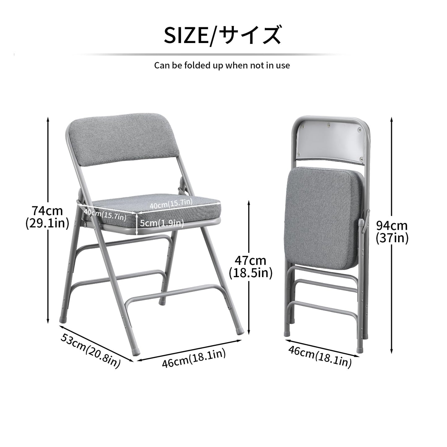 KAIHAOWIN Padded Folding Chairs Upholstered Single Foldable Chair with Ultra Thick Padded Seat Comfortable Metal Chairs Indoor with Comfortable Fabric Cushion for Indoor-Grey