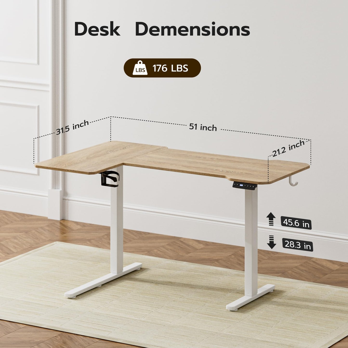 Acrolix L Shaped Electric Standing Desk - 51x31.5 Inch Reversible Corner Sit Stand Desk with Hook&Cup Holder,Electric Height Adjustable Table,for Small Home Office&Bedroom Computer Desk, Oak