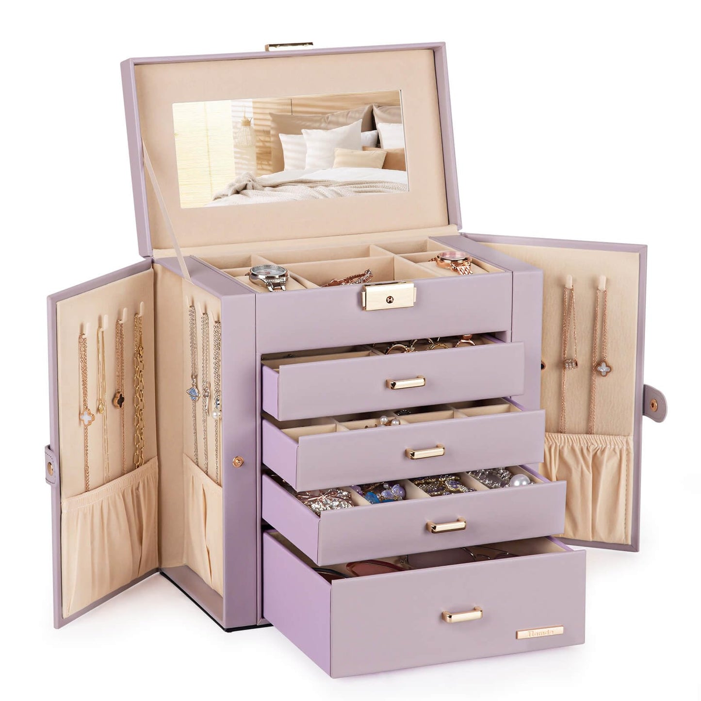 Homde Synthetic Leather Huge Jewelry Box Mirrored Watch Organizer Necklace Ring Earring Storage Lockable Gift Case (Grey Purple + Gold)