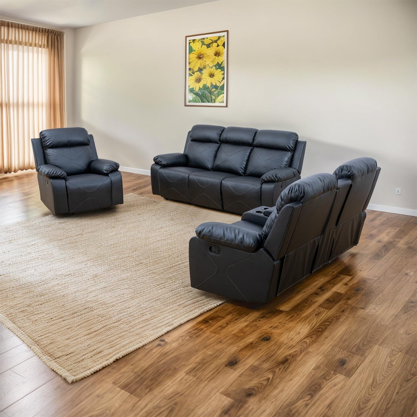 SIMPCHIC Power Recliner Sofa Set, Top Leather 3-Piece Sectional Couch Living Room Furniture Set for Home, Office and Apartment (Black)