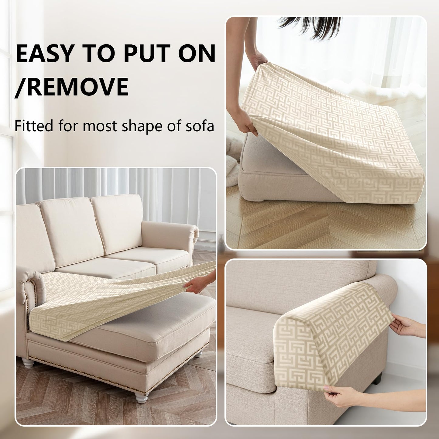 UNBBRRL 10 Pieces Stretch Sofa Cushion Covers for U-Shaped Modular Sectional Couch with 4 Seats+4 Backs+2 Arms, Upholstered Covers for Sofa Bed with Deep Double Chaise (Beige,10 Pieces Set)