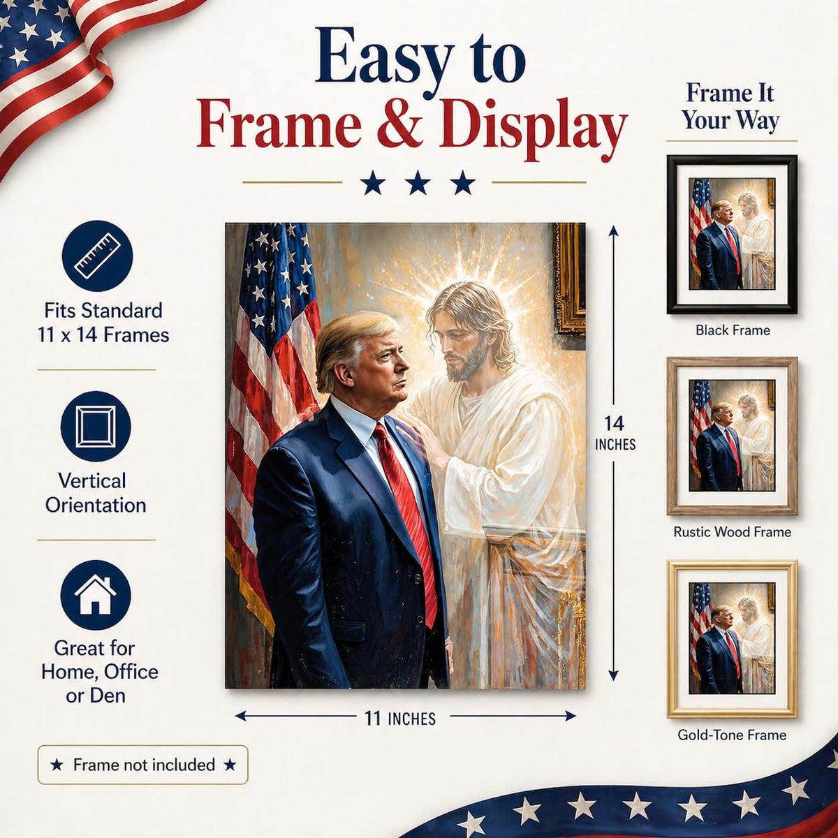 The Grace of God: Jesus & Trump Inspirational Painting 11x14 Unframed Poster - Religious Art Faith Leadership MAGA American Flag Patriotic Artwork for Home Office, Living Room, Conservative Christians