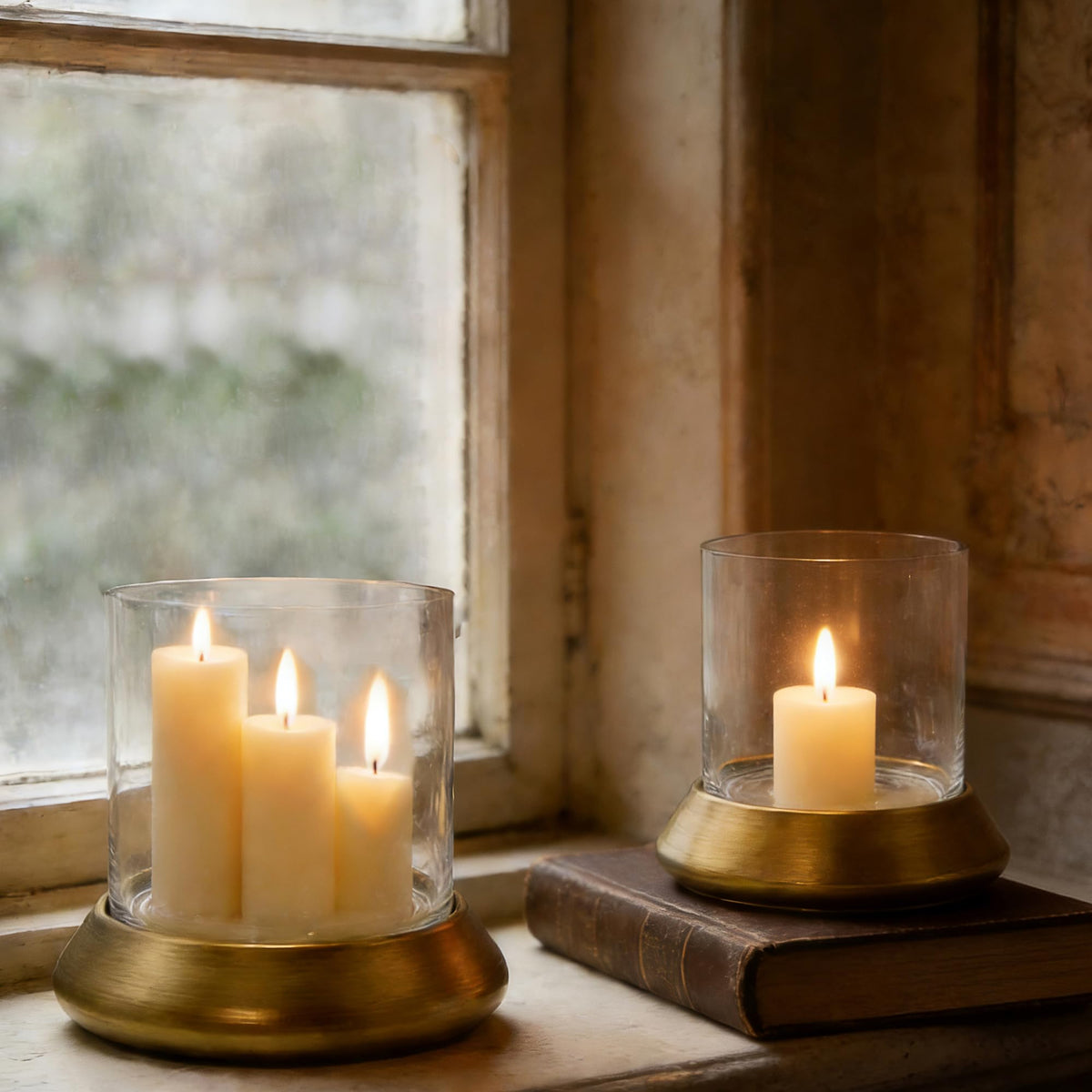 10.5" Farmhouse Glass Hurricane Candle Holder & Glass Vase with Metal Base in Antique Brass for Pillar & Flower Arrangement, Candlestick Holder, Terrarium, Centerpiece, Console, Dining Table, Mantel