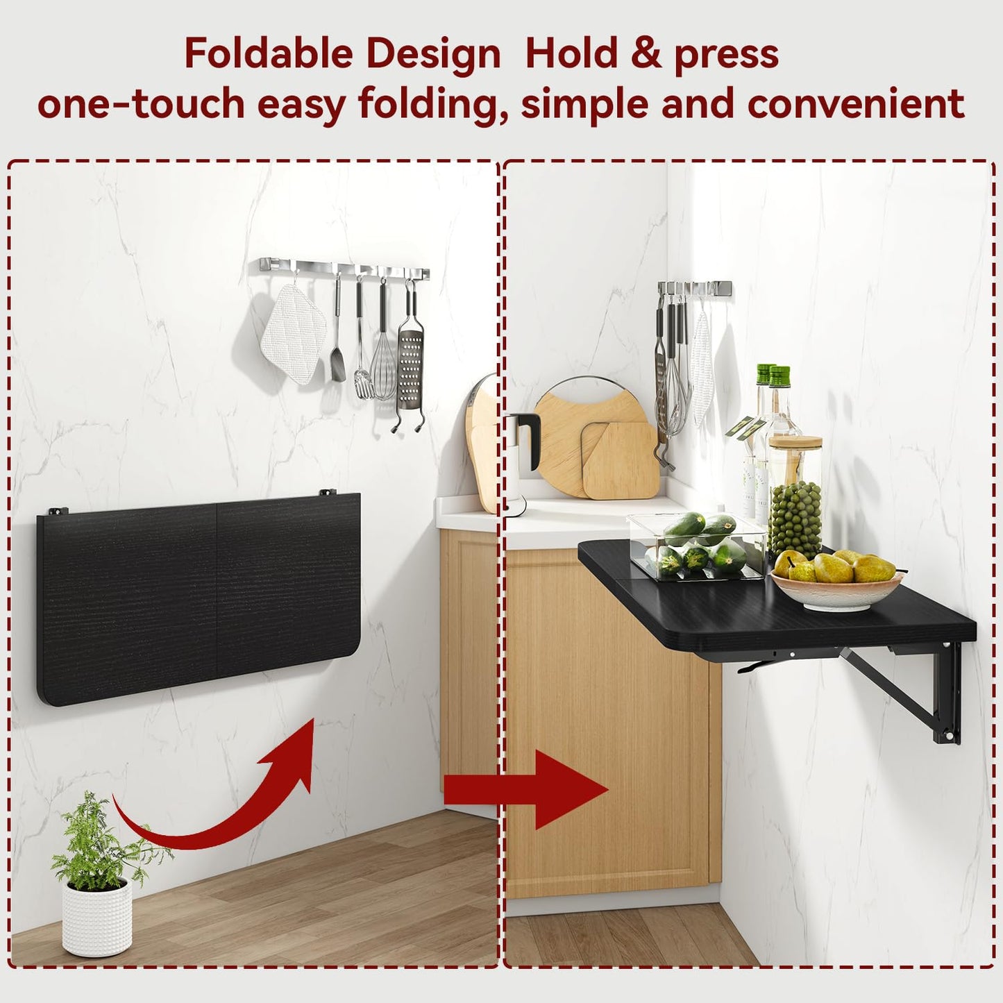 IBUYKE Wall Mounted Folding Table, Floating Wall Desk for Small Spaces, Fold Down Laundry Shelf with Heavy-Duty Brackets, Wall Table for Home Office/Bar/Kitchen/Dining Black UTVT005B