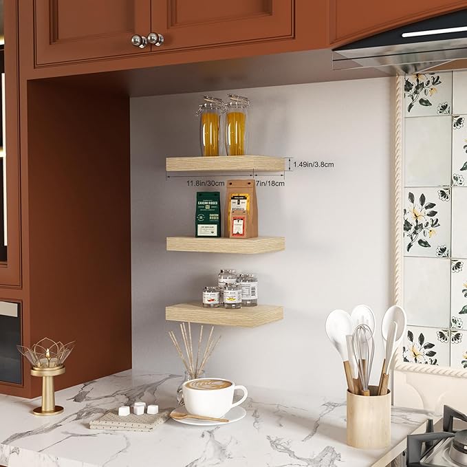 Floating Shelves, Oak Wooden Set of 3 Wall Mounted Bathroom Shelves Over Toilet