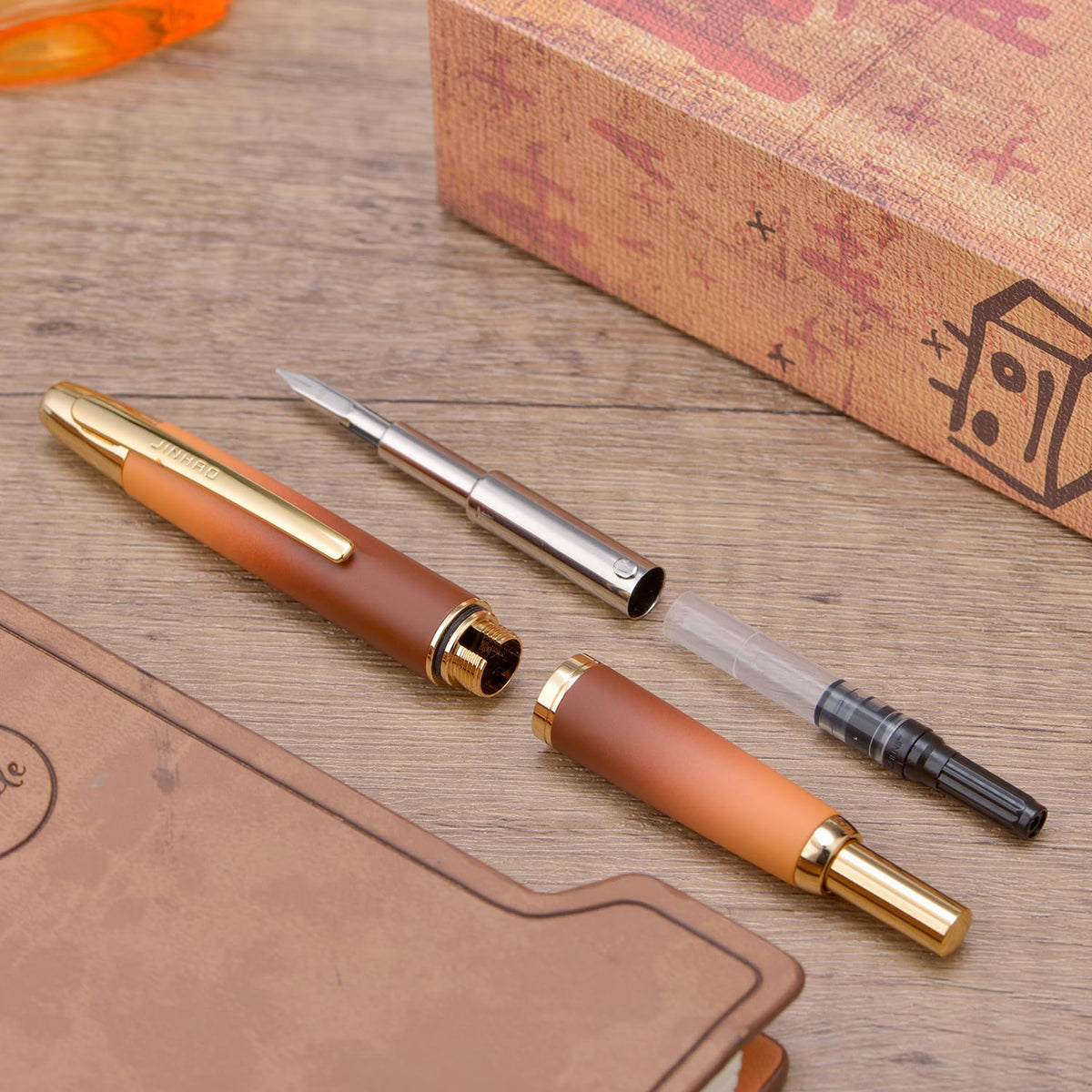 Jinhao 10 Press Fountain Pen with Box, Caramel Orange Gradient Retractable Extra Fine Nib with Ink Converter Set (Golden Clip)