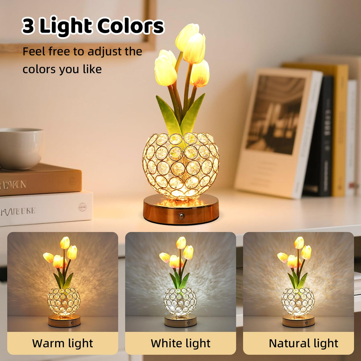 Komothala Tulip Flower Lamp,4000mAh Rechargeable Cordless Lamp with 3-Colour Stepless Dimming,Touch Control Cordless Table Lamp Night-Light for Home Decor,Unique Birthday Gifts for Women
