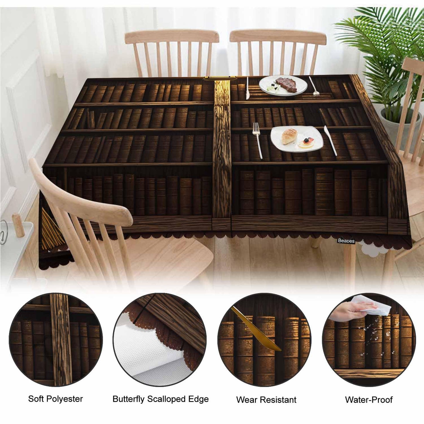 Beabes Table Cloth Book Shelf, Mysterious Candle Library Bookshelf Farmhouse Tablecloth Soft Table Cover for Kitchen Dinning Tabletop Decoration, 52x70 Inch Fitted Tablecloth