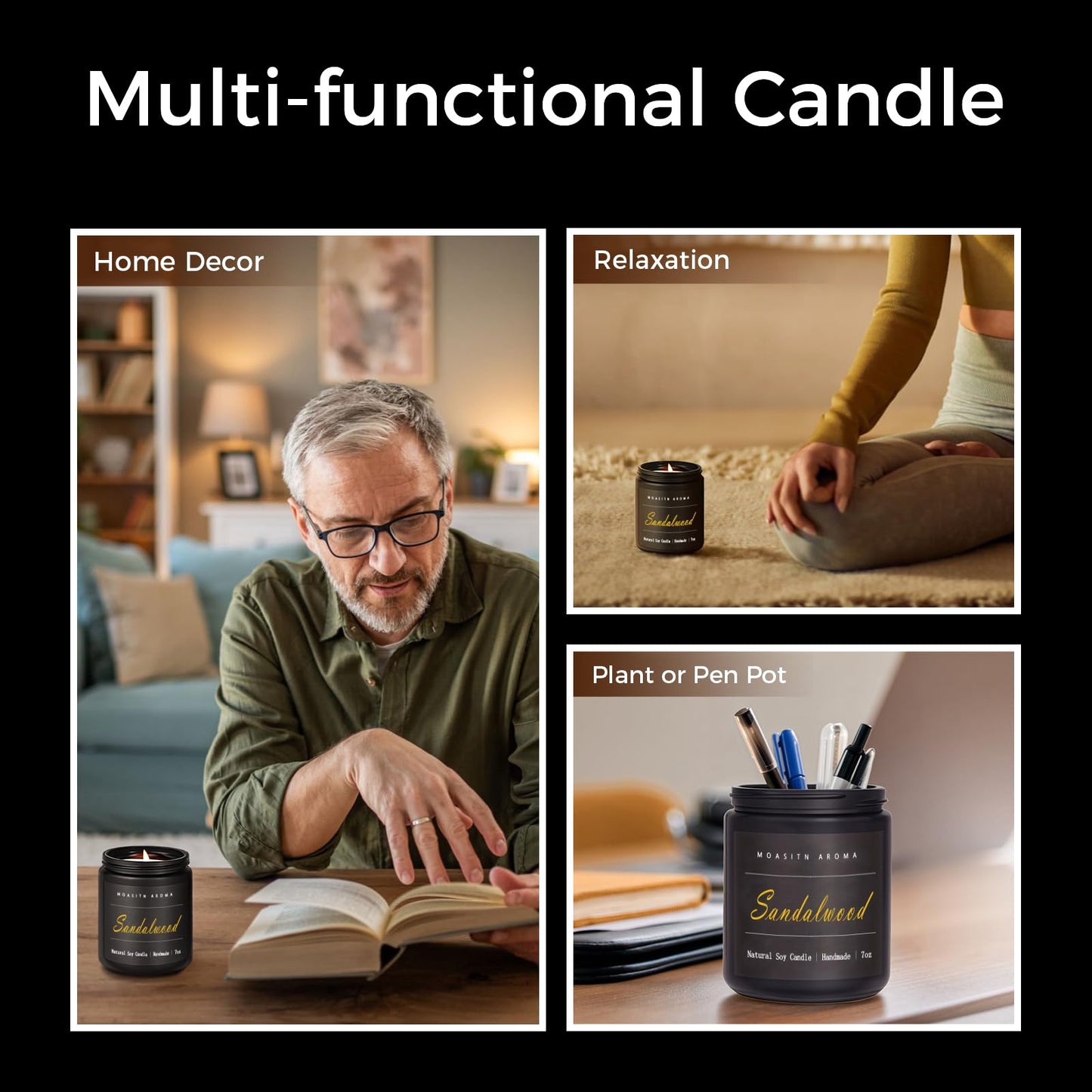 MOASITN Sandalwood Scented Candles for Home| Leather,Sandalwood,Amber Scented Soy Candle| Handmade Longlasting Aromatherapy Candle| Jar Candel Gift for Women,Men for Spring,Birthday,Relaxing|7oz