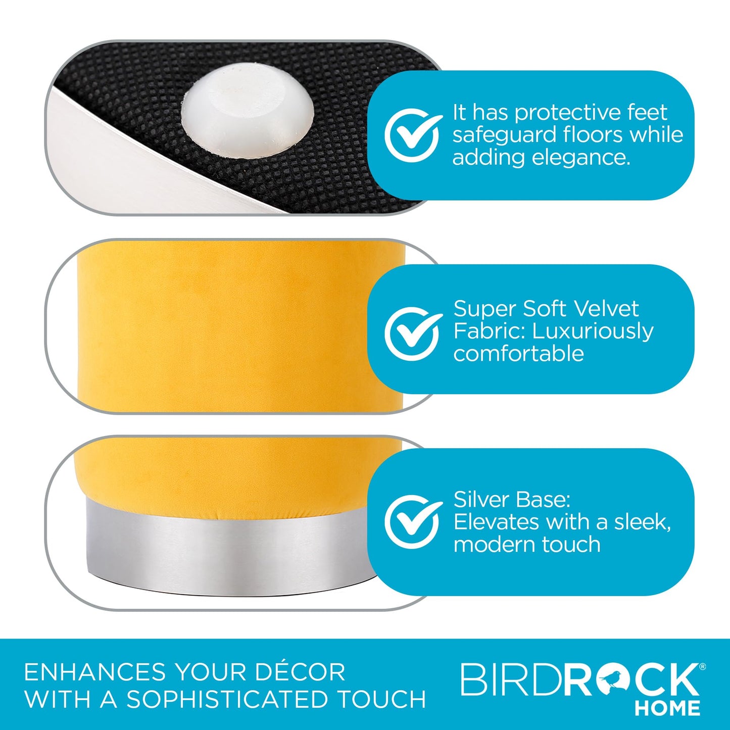 BIRDROCK HOME Round Ottoman Foot Stool – Modern Soft Padded Velvet Vanity Chair with Silver Metal Trim – Accent Chair or Foot Rest for Living Room, Bedroom, or Dressing Room (Yellow)