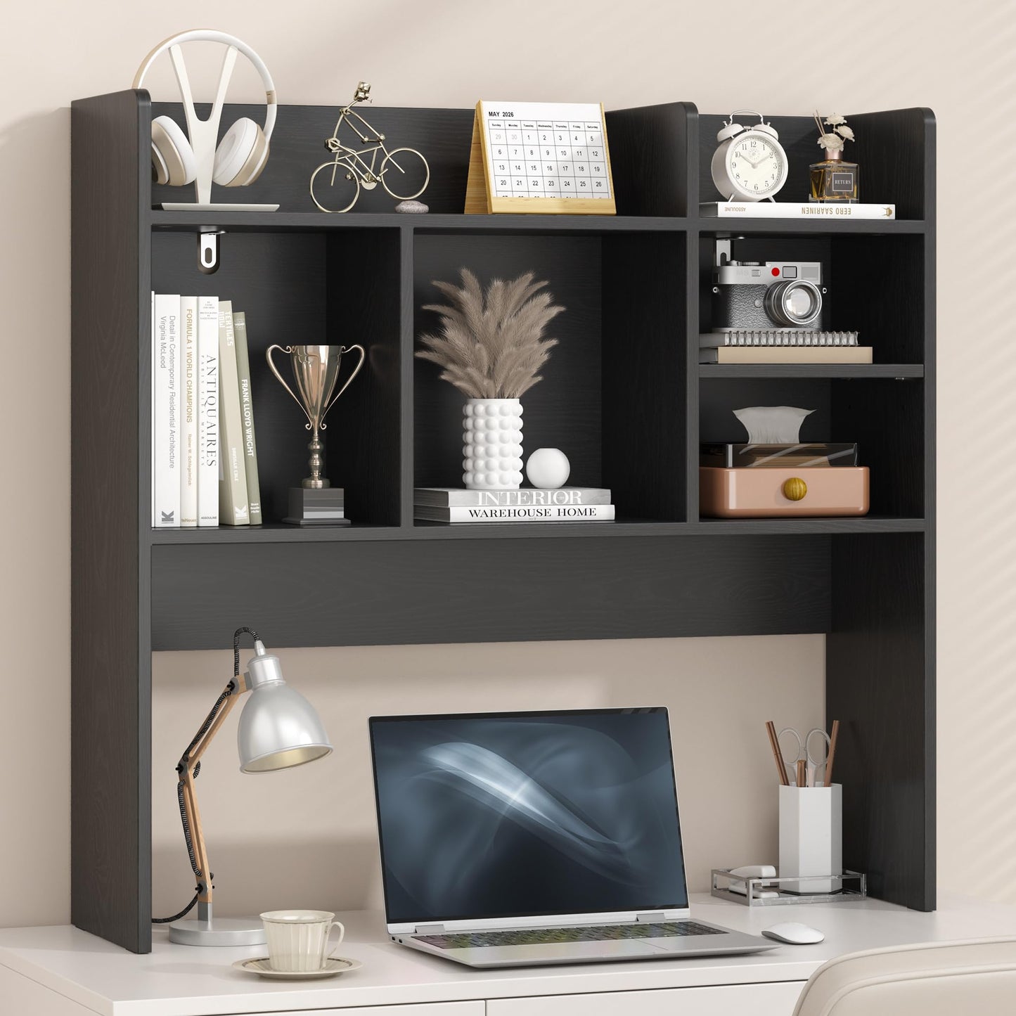 FUNHUKSON Desk Hutch with 6 Shelves, Desktop Bookshelf Organizer & Hutch Top for Desk, Over Desk Storage Shelf for Office, Home, Dorm | Space-Saving Design (Black)