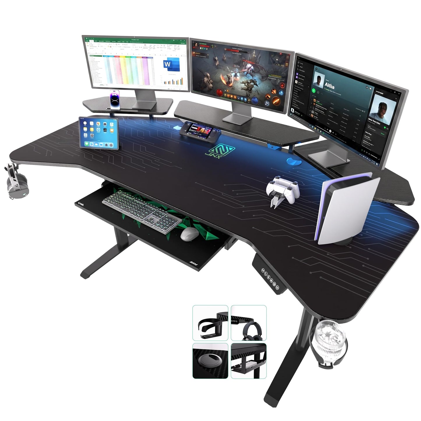 JWX Dual Motor Standing Gaming Desk with Aluminum Alloy Led Lights, 72'' Wing Shaped Large Gaming Studio Music Desk with Slot Design Shelves, for Streamer, Social Media Influencer & Music Recording