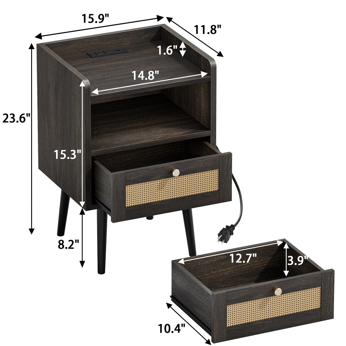 MECHYIN Night Stand Set 2, Nightstands Set of 2 with Charging Station, Rattan Side Tables with Solid Wood Legs, Boho Bedside End Table for Apartment Bedroom Dorm Small Space