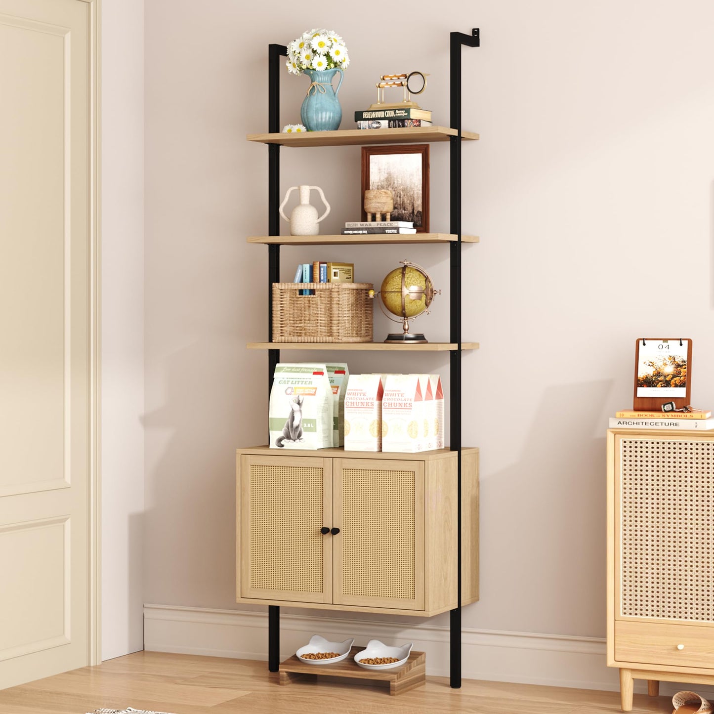 Yusong 73" Tall Bookshelf with Cabinet, Industrial Ladder Wall Mount Shelf Rattan Bookcase with Wood and Metal Frame, Plant Shelf Wall Storage Display for Living Room Bedroom,Light Ivory Brown