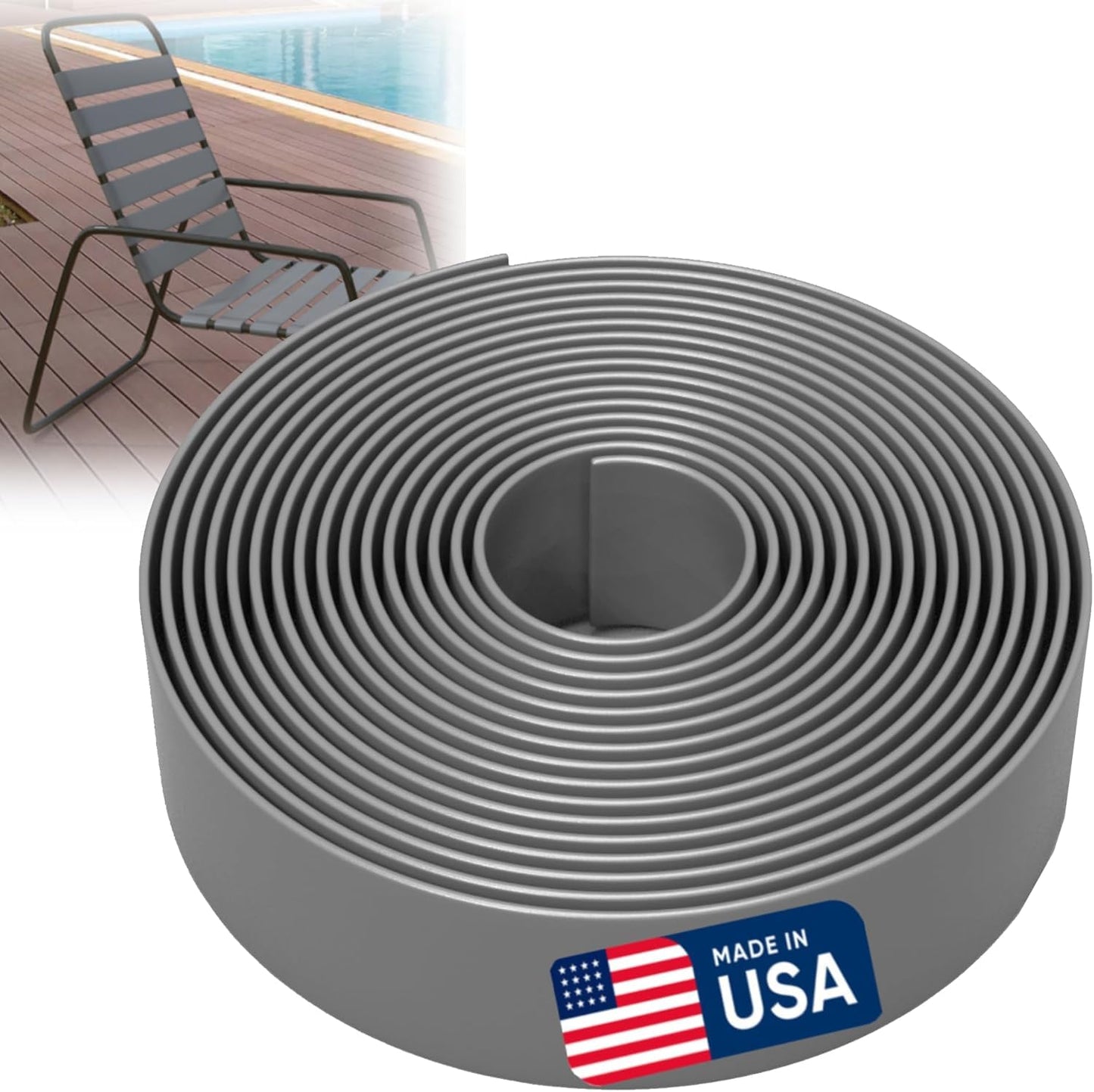 KOMORAX Gray 1.5" Wide 20' Length Chair Vinyl Strap Strapping for Patio Lawn Garden Outdoor Furniture Matte Finish Color
