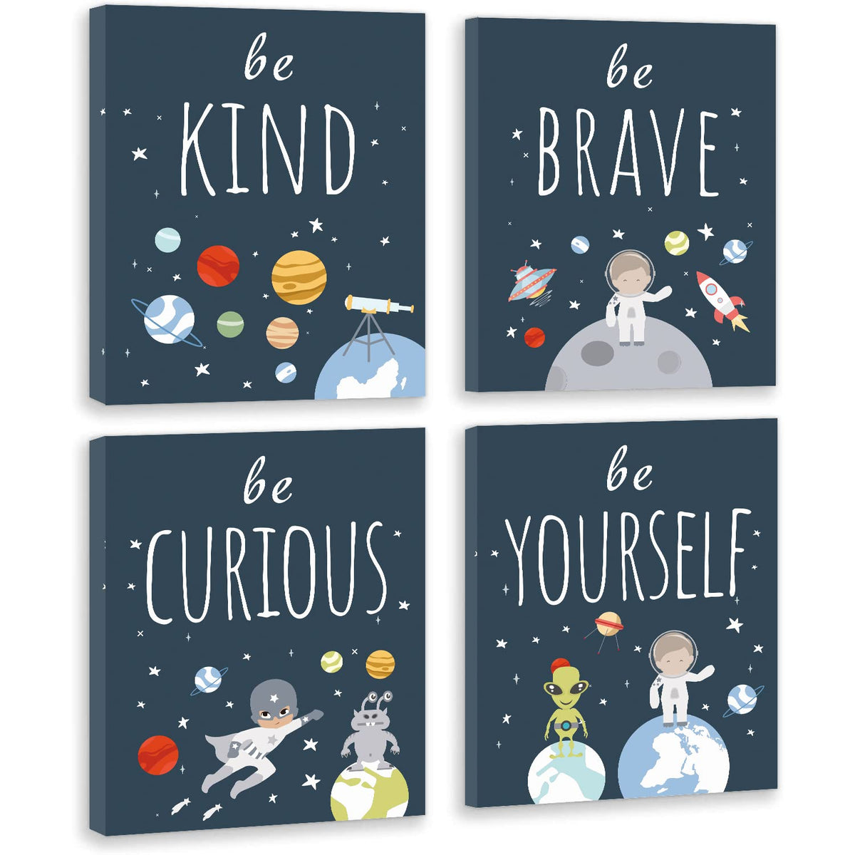 CHDITB Outer Space Canvas Wall Art, Abstract Universe Planet Print, Be Kind Inspirational Space Poster For Kids Room Boys Bedroom Nursery Playroom Decor-Set Of 4 (8” X 10”) Framed Ready To Hang