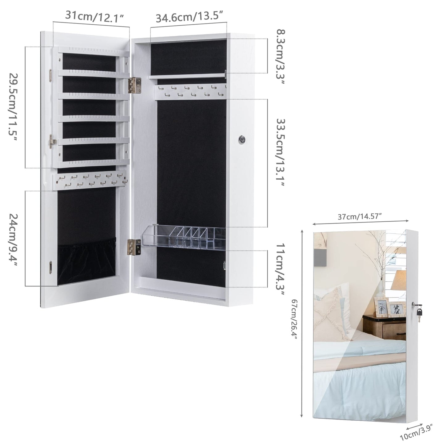 LAVIEVERT Lockable Jewelry Cabinet Armoire with Frameless Mirror, Wall/Door Mounted Space Saving Jewelry Display Organizer with Lipstick Compartments - White