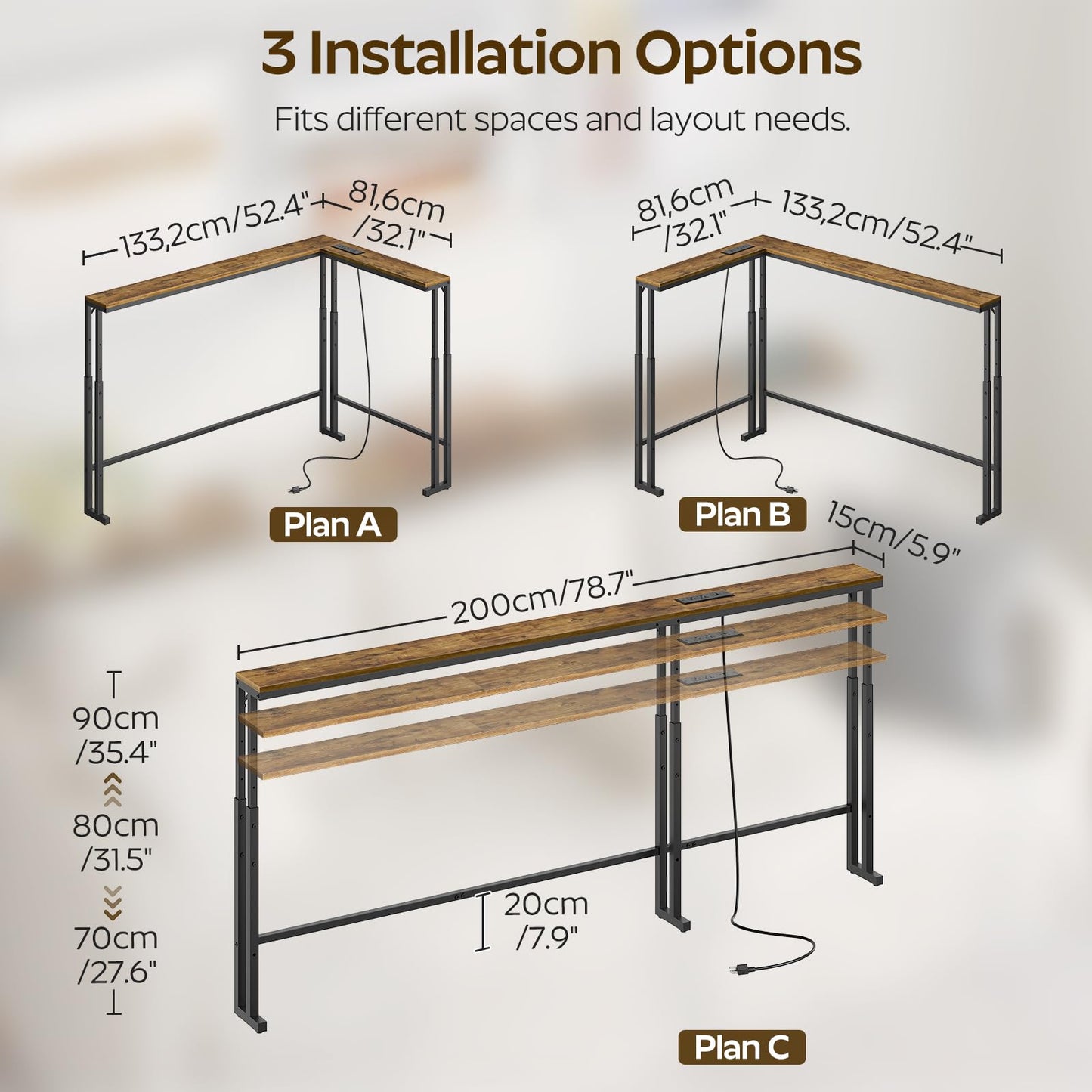 YATINEY 78.7" Narrow Console Table with Adjustable Height (27.6"-35.4"), L Shaped Sofa Table Narrow Long, Skinny Behind Couch Table with USB-C Ports, 5.9" Wide Sofa Side Table, Rustic Brown CT29UBR