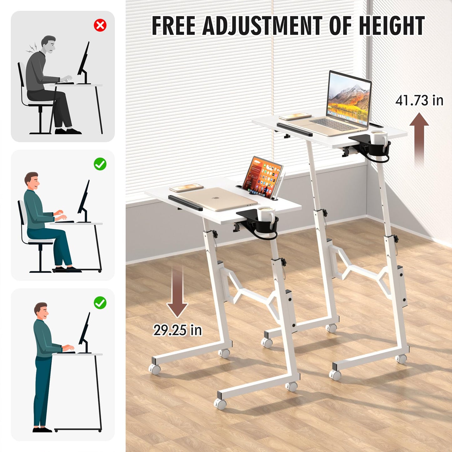 Enayplon Small Standing Desk with Wheels, Portable Treadmill Desk, Rolling Desk Adjustable Height for Laptop, Mobile Standing Table for Walking Pad, Bedside Table