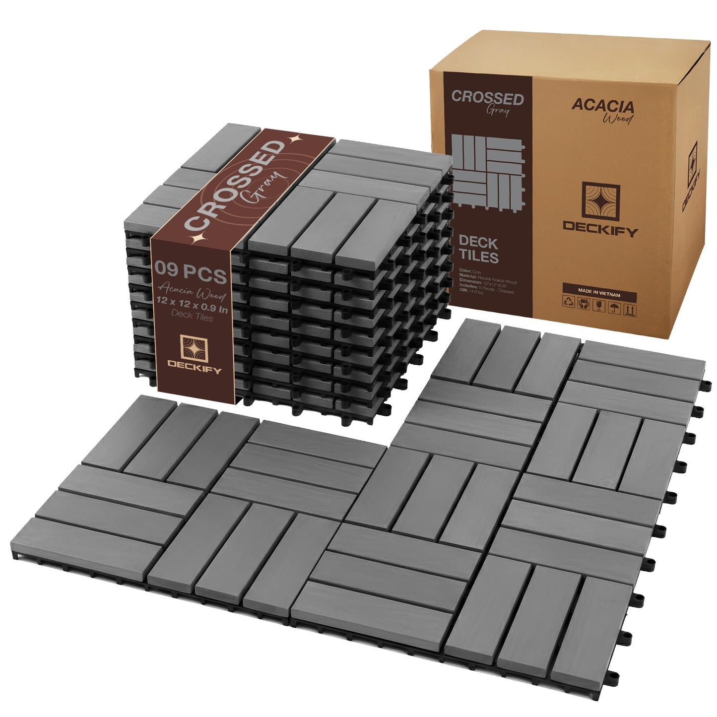 DECKIFY 9Pcs Premium Acacia Wood Interlocking Patio Deck Tiles, 12 x 12 x 0.9 Inch Outdoor Flooring, Waterproof for All-Weather Use – Crossed, Gray