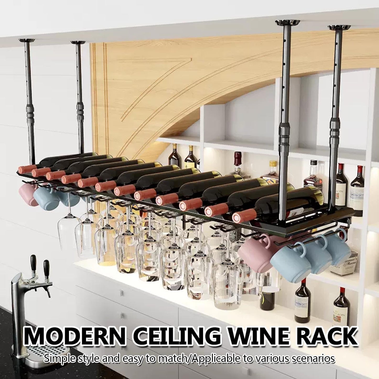 Modern Metal Hanging Wine Bottle Glass Holder, Ceiling Shelf Wine Racks for Home Bar Display, Cafe Wine Bottles Racks, Floating Storage Shelves Wine Cups Hanging Rack, wall Mounted Wine Rack