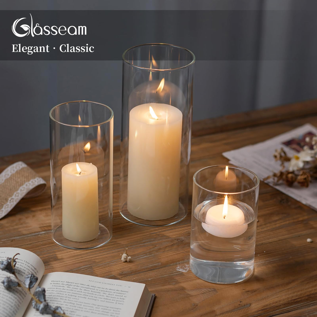 Glasseam Hurricane Glass Candle Holders: 3 Pcs Clear Cylinder Vases for Centerpieces Large Pillar Candle Holder for Floating Candles Modern Home Decor Wedding Table 5.3'' 7.3'' 9.5'' Height
