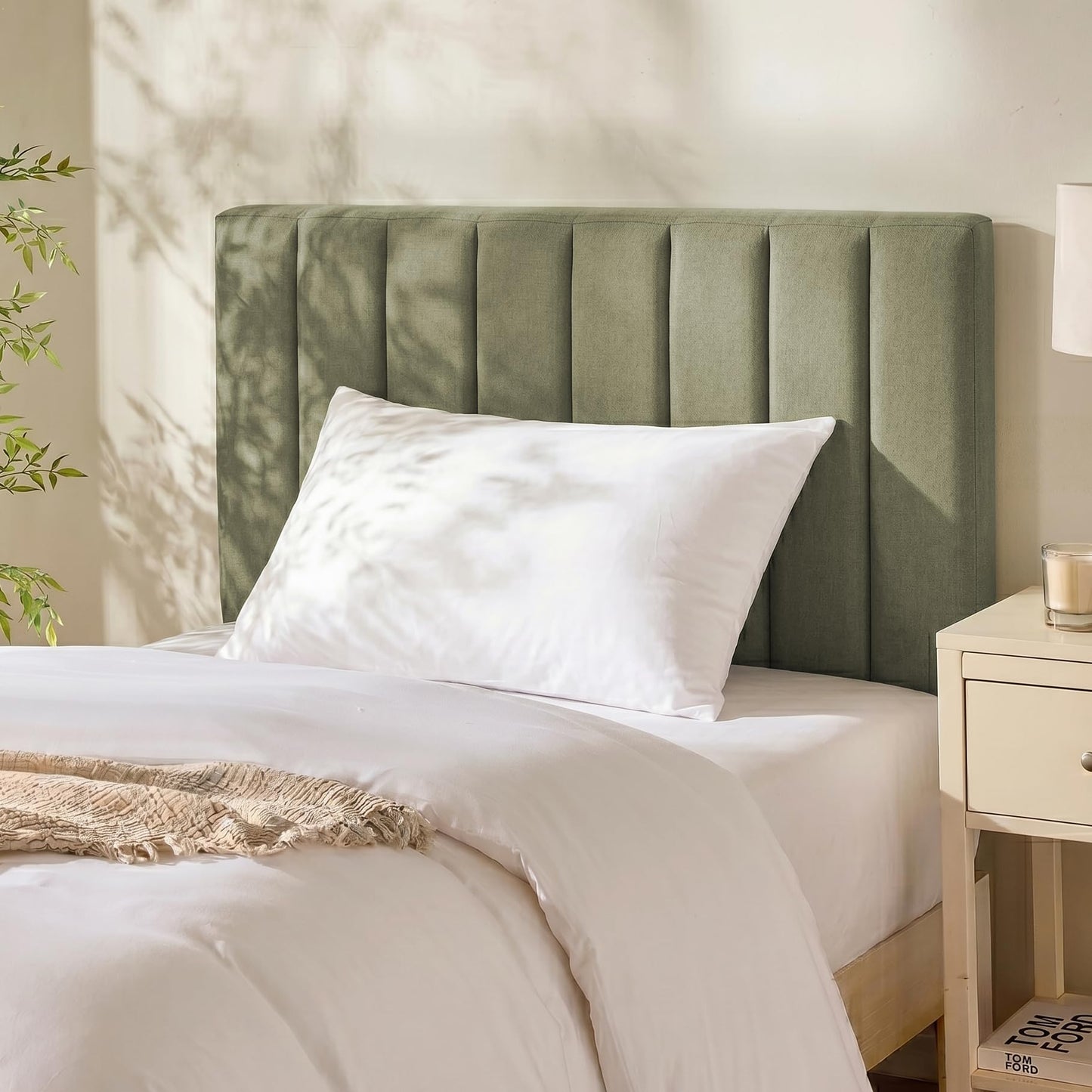 Hearth & Harbor Upholstered Twin Headboard - Easy Assemble Channel Stitched Headboard Twin Size - Wall Mounted Headboards with 3D Soundproof Wall Panels Peel & Stick Floating Headboards, Olive Green