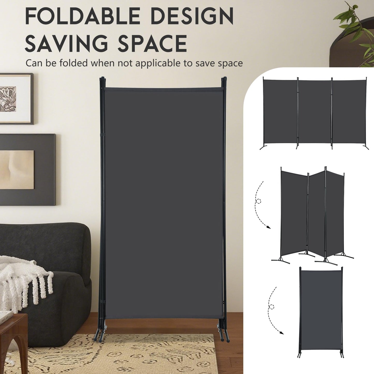 FDW 3-Panel Room Divider Privacy Screen, 6FT Portable Folding Partition with Metal Frame (102" W x 70" H) for Office/Home Use, Grey
