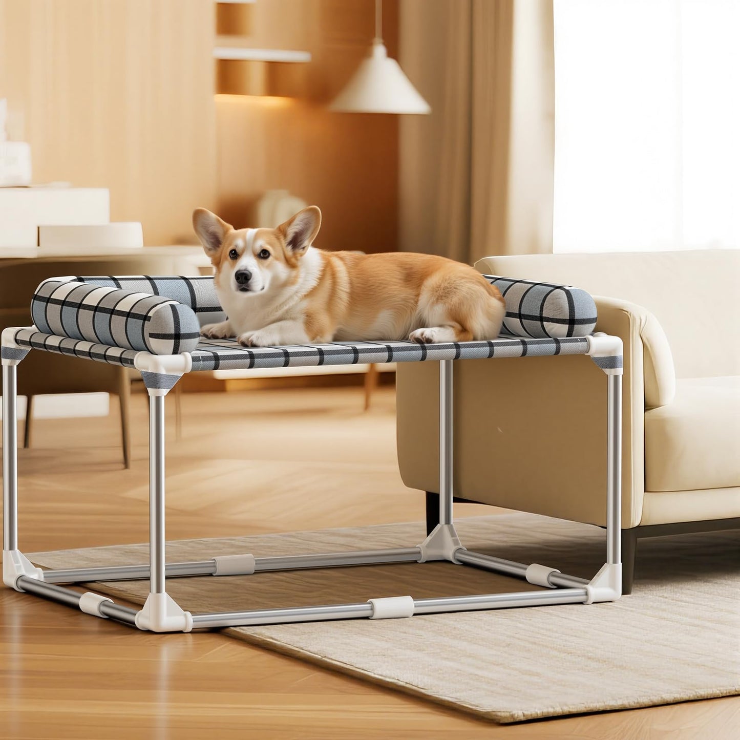 Bedside Cosleeper Dog Cat Bed - Height Elevated Dog Bed with Bloster Extension Attached to Human Bed Dog Cat Window Perch Bedside Lounge Elevated Dog Bed with Pillow (34 x 26 x 20 Inch)