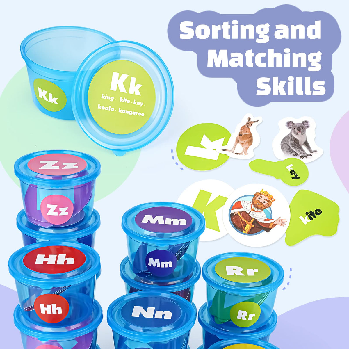 Joyreal Alphabet Learning Toys for Toddlers - 26 Alphabet Soup Sorters with 245 Flash Cards for Early Letter Awareness & Recognition - Fun Education Classroom Supplies Alphabet Sounds Teaching Games