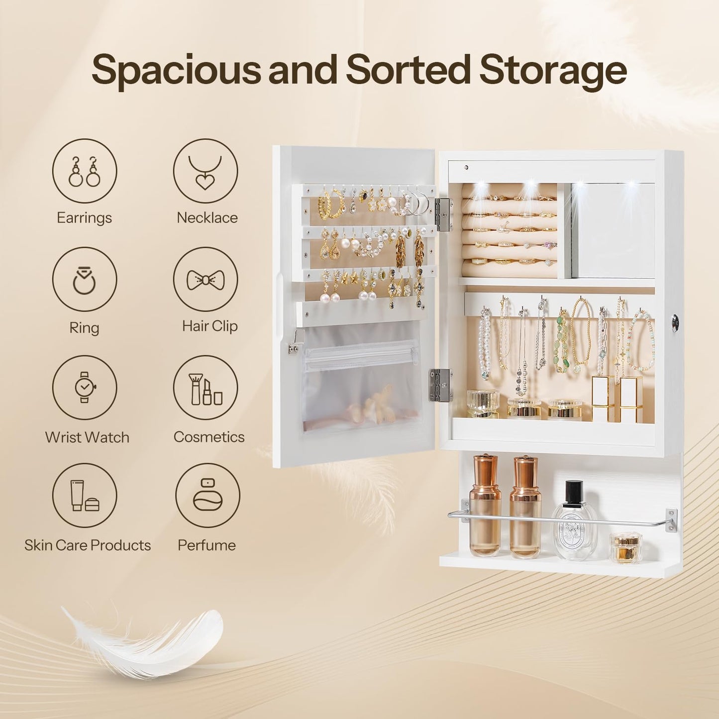 HOOBRO Wall Mounted Jewelry Cabinet, LED Jewelry Armoire with Interior Mirror, Hanging Jewelry Organizer for Wall, Lockable Jewelry Storage Cabinet, 3.9 x 11.8 x 20.9 Inches, White