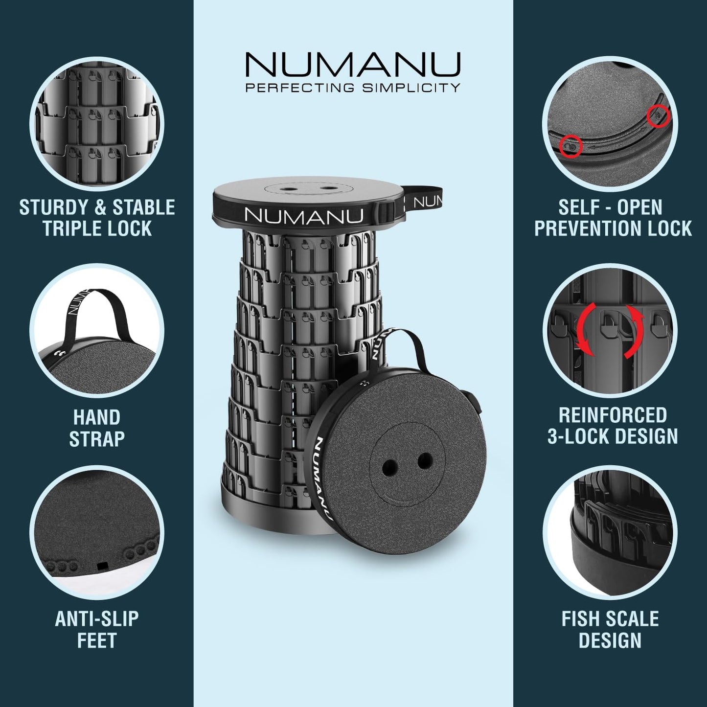 NUMANU 2026 Upgraded Collapsible Stool, Max 620lbs 2.5"-18" H Adjustable Portable Folding Stool for Adults, Retractable Foldable Telescopic Seat Camping Chair or Footrest (1x Hard Seat)