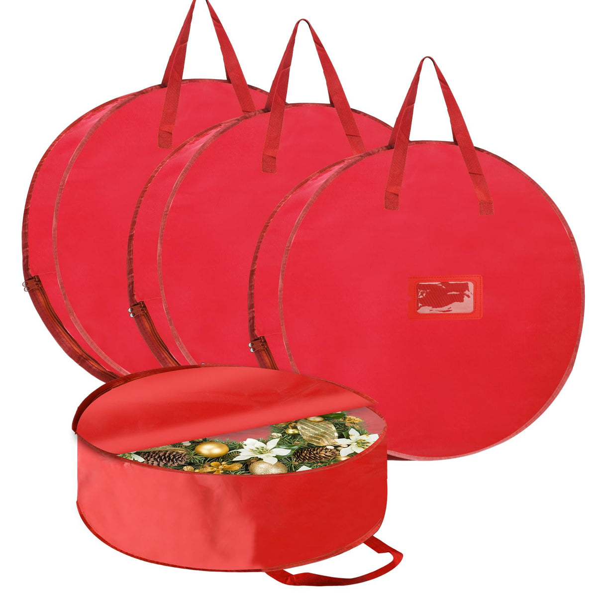 YAYODS 4 Pack Wreath Storage Container 36 Inch Christmas Wreath Storage Bag, 420D Oxford Wreath Holder with Zipper and Handles for Xmas Holiday, Decorations (Red)