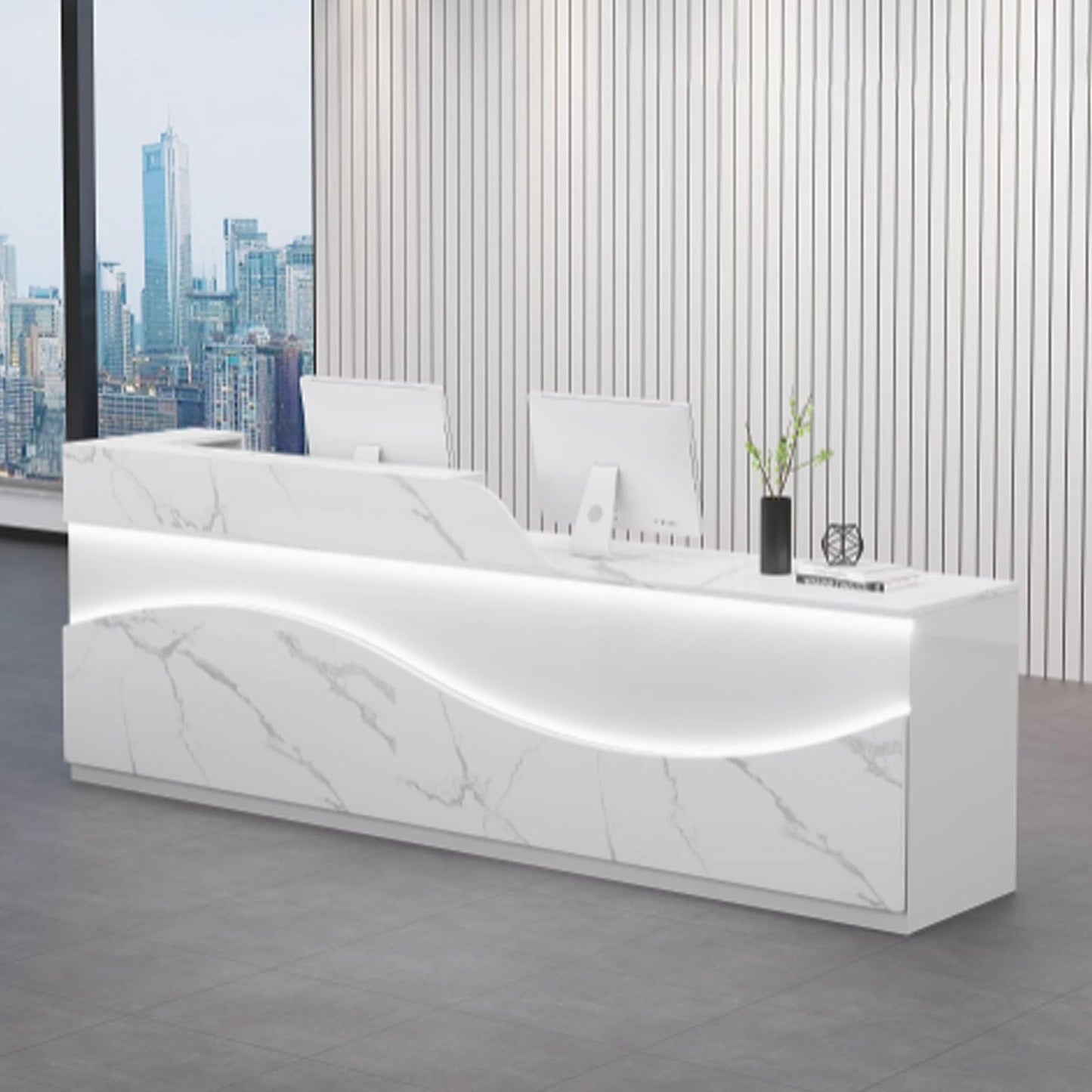 Modern Beauty Salon Reception Desk with Storage | Stylish Office Counter Table with Soft Lighting | White Receptionist Desk for Small Business (1.2m, Textured Finish)
