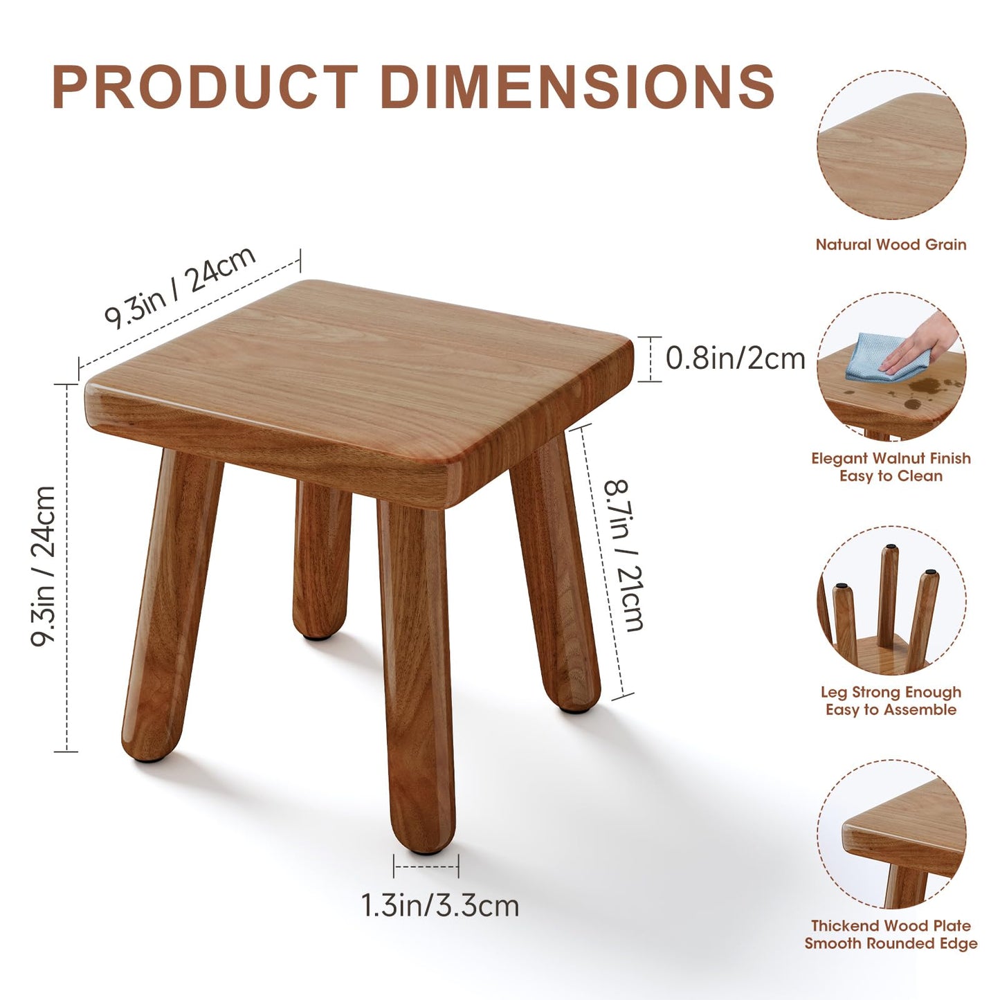 9 Inch Small Wooden Step Stool, multi-functional footstool, shoe changing stool, indoor plant stand, portable and sturdy, suitable for living room, kitchen, bedroom, bathroom (Walnut wood color)