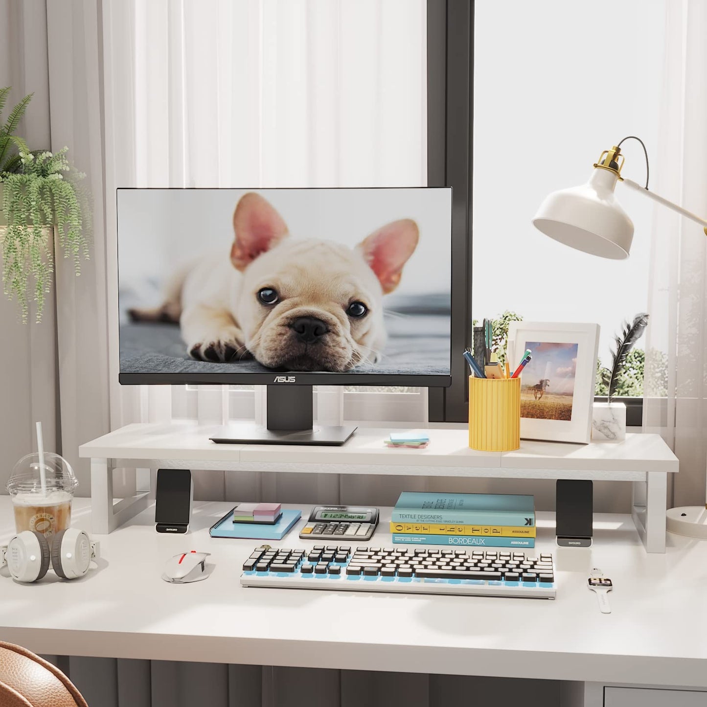 YAOHUOO Dual Monitor Stand Riser, 39Inch Large Monitor Stands for 2 Monitors, Computer Monitor Stand, Wooden Desktop Oraganizer Shelf for Office Desk Computer,Laptop,TV