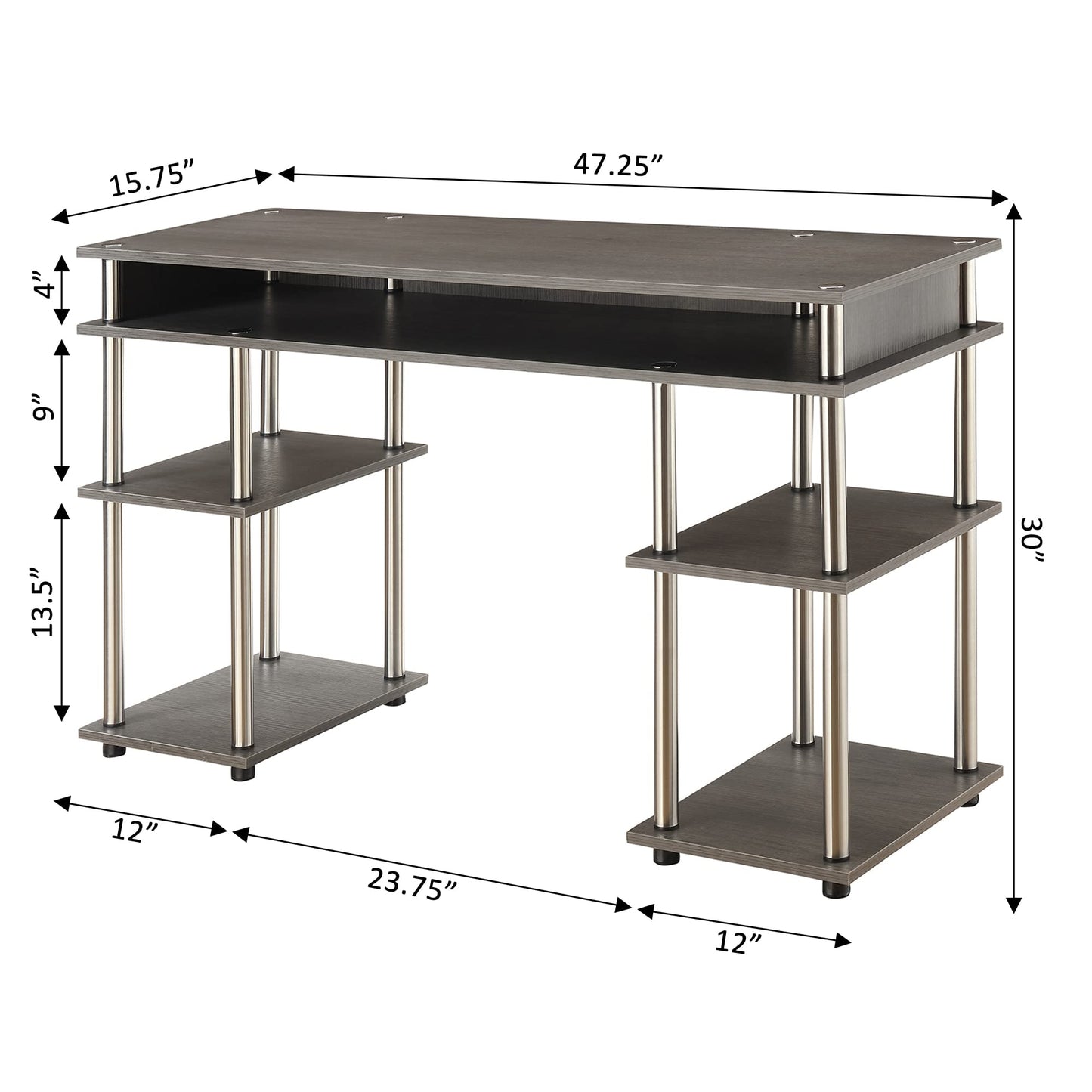 Convenience Concepts Designs2Go No Tools Desk Home Office Desk with Shelves, Corner Shelf Vanity Desk Computer Desk Nail Table for Nail Tech - 47.25" L x 15.75" W x 30" H, Charcoal Gray