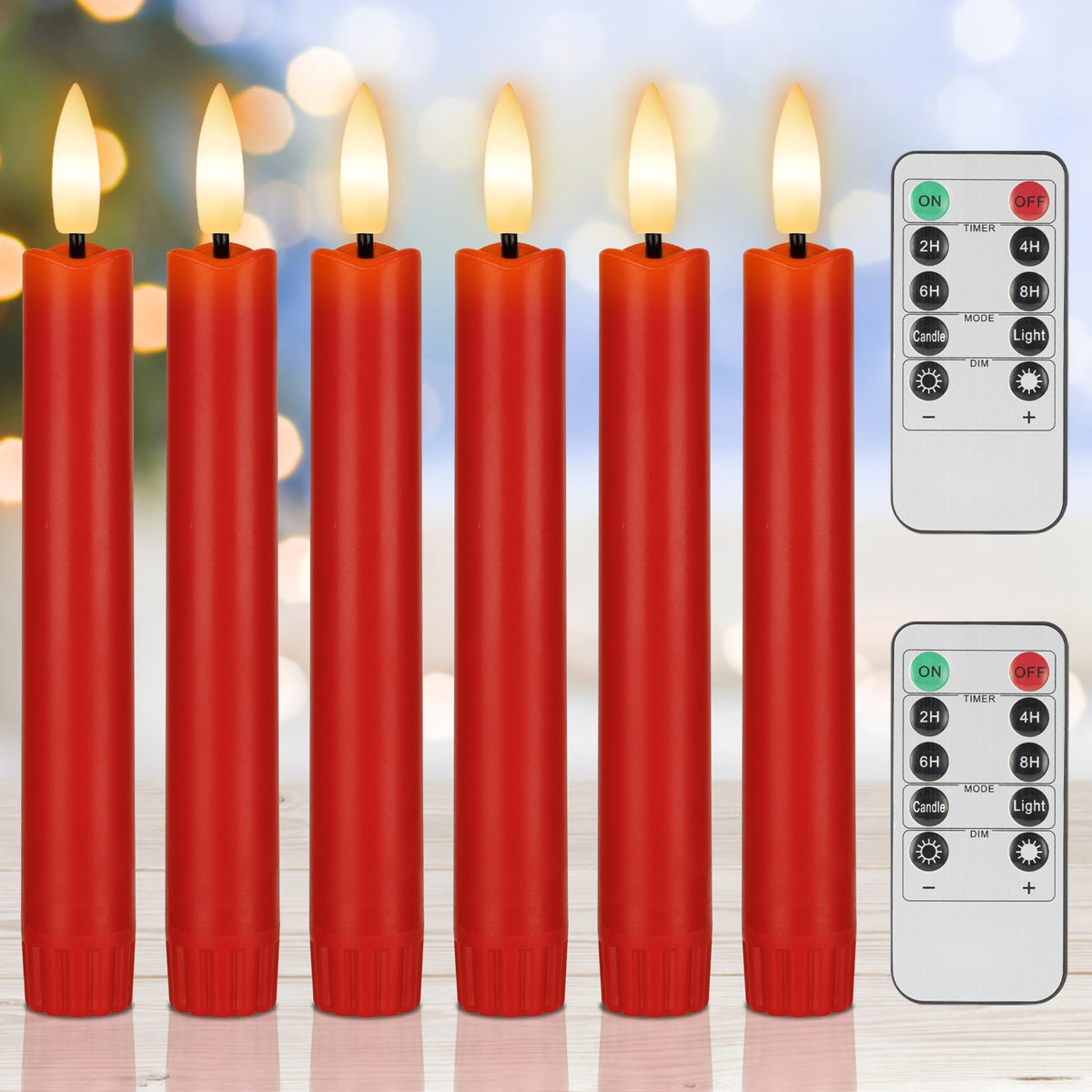 AFINETH Red Flameless Candles with Remote, Short Christmas Taper Candles Battery Operated, 6 Inch Flickering Flameless Candlesticks for Winter Home Holiday Xmas Decor, 6 Pack
