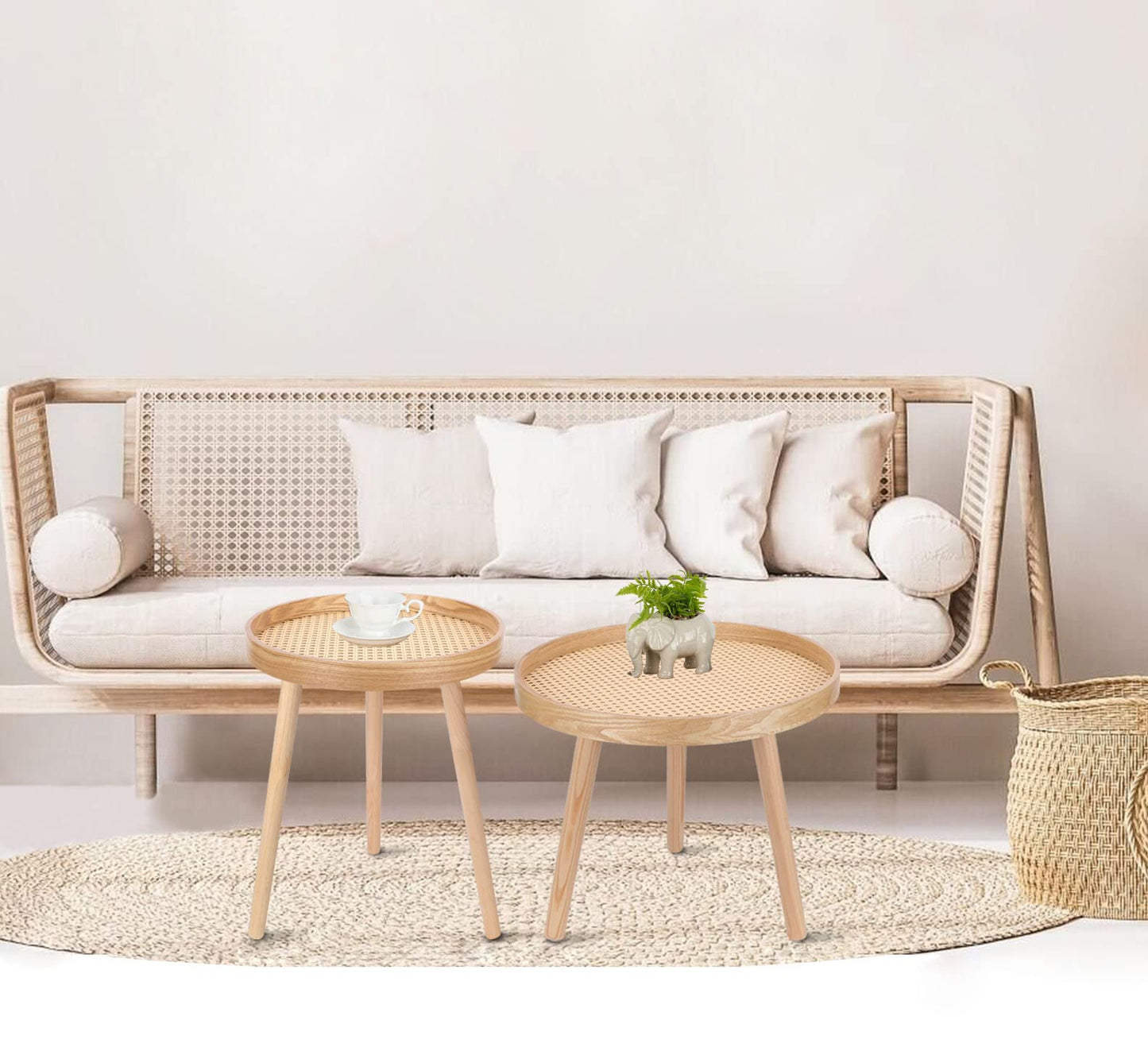 Round Coffee Table Set of 2, Natural Boho Coffee Tables, Small Mid Century Modern Rattan Coffee Table, Boho Side Table End Tables for Living Room Bedroom Office