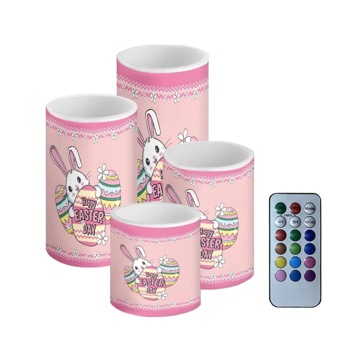 NETILGEN Happy Easter Day Decor Flameless Candles Electric Candle Set of 4 Easter Cute Bunny Print Flickering Candles with Timer Remote for Indoor Outdoor Holiday Decoration