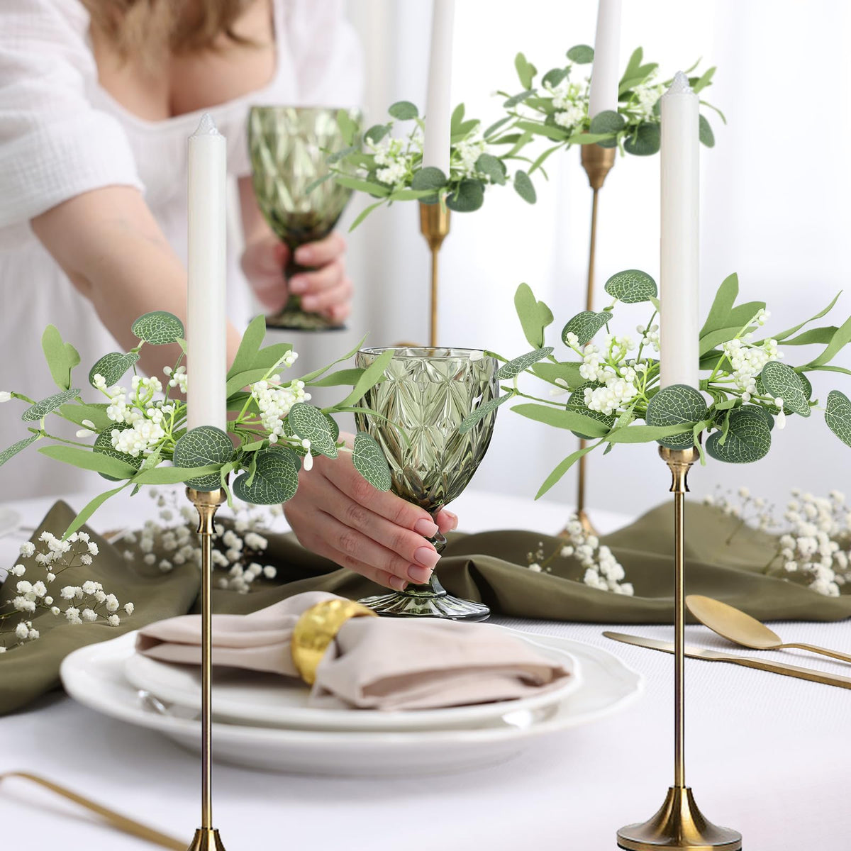 6 PCS Eucalyptus Taper Candle Rings Wreaths 1.38" Mini Spring Summer Floral Taper Candle Holder Wreaths Green Artificial Flower Table Centerpieces Wreath for Church Farmhouse Home Candlesticks Decor