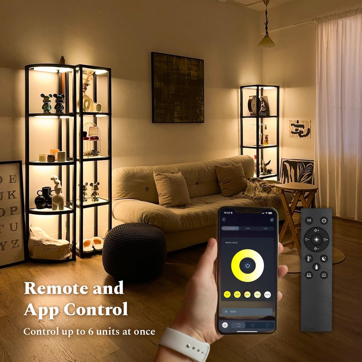 MITELSON Glass Display Shelf with Remote/APP Control, Curio Cabinet for Collectibles with Light, Modern Shelf Floor Lamp with Adjustable Color Temps for Living Room, Bedroom