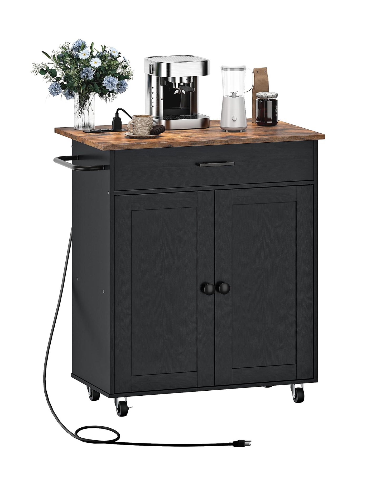 CHOEZON Kitchen Island, Kitchen Island Cart with One Double Cabinet and Drawer, Rolling Storage Cart with Power Strip, with Drop Leaf, for Kitchen, Living Room, Black and Rustic Brown MZD01UBFN1