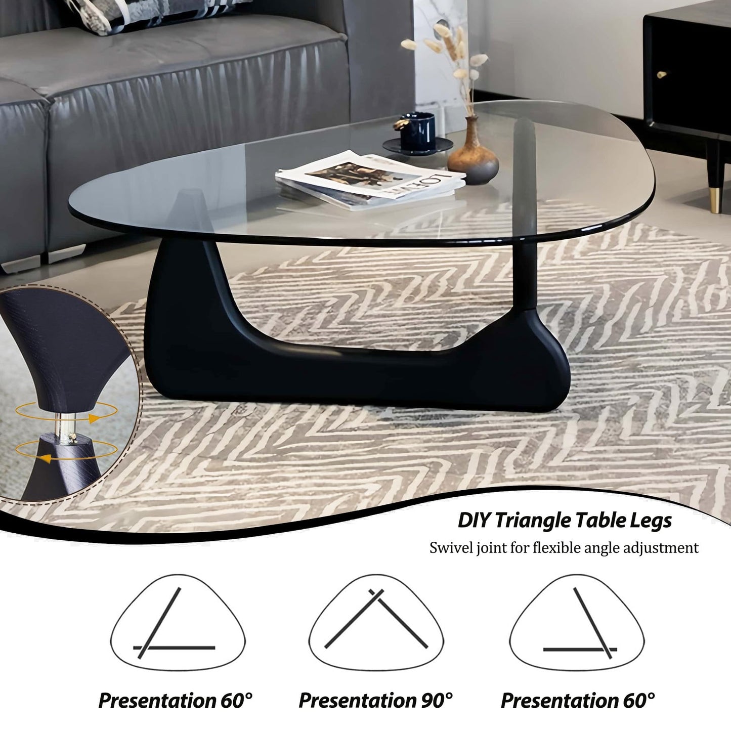 Black Modern Glass Coffee Table, Unique Triangle Coffee Table for Living Room, Tempered Glass Top + Wooden Base, Abstract Contemporary Center Tables for Home Office Bedroom