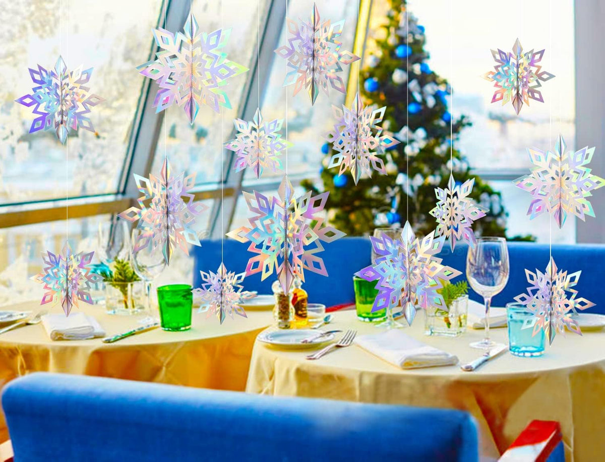 GuassLee Christmas Hanging Snowflakes Decorations Clearance 15pcs 3D Iridescent Paper Snowflakes Snow Flakes Garland for Winter Wonderland Frozen Christmas Birthday Party Decorations