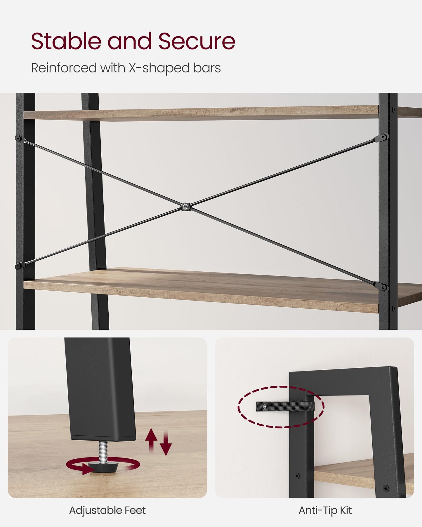 VASAGLE BARNET Collection - Ladder Shelf, Bookshelf, Storage Rack, Modern Bookcase for Living Room Home Office Kitchen, Steel Frame, 4-Tier, 31.5-Inch Wide, Camel Brown and Ink Black ULLS144B50