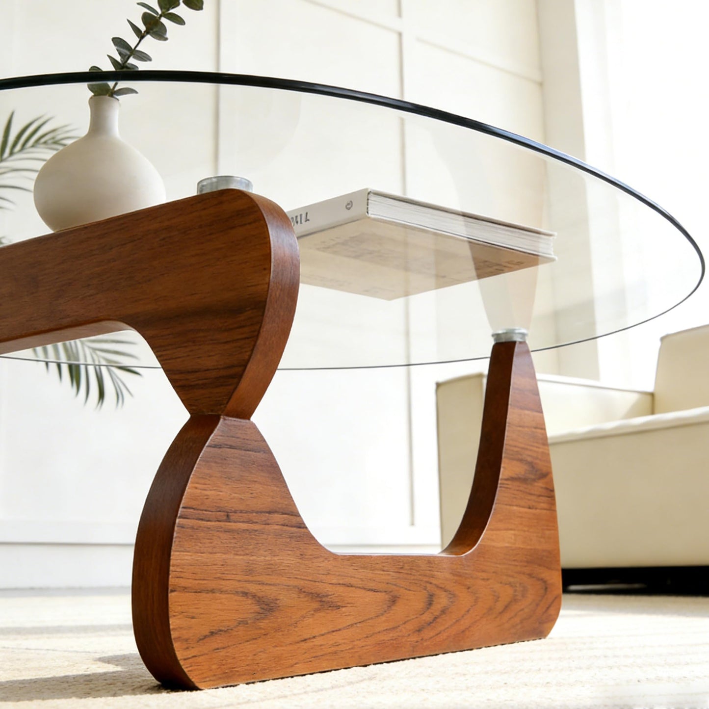 Coffee Table for Living Room, Small Coffee Table with Triangle Tempered Glass Top & Wood Legs, Modern Oval Abstract Dining Center Tables for Home Office Industrial Cocktail Tables 111