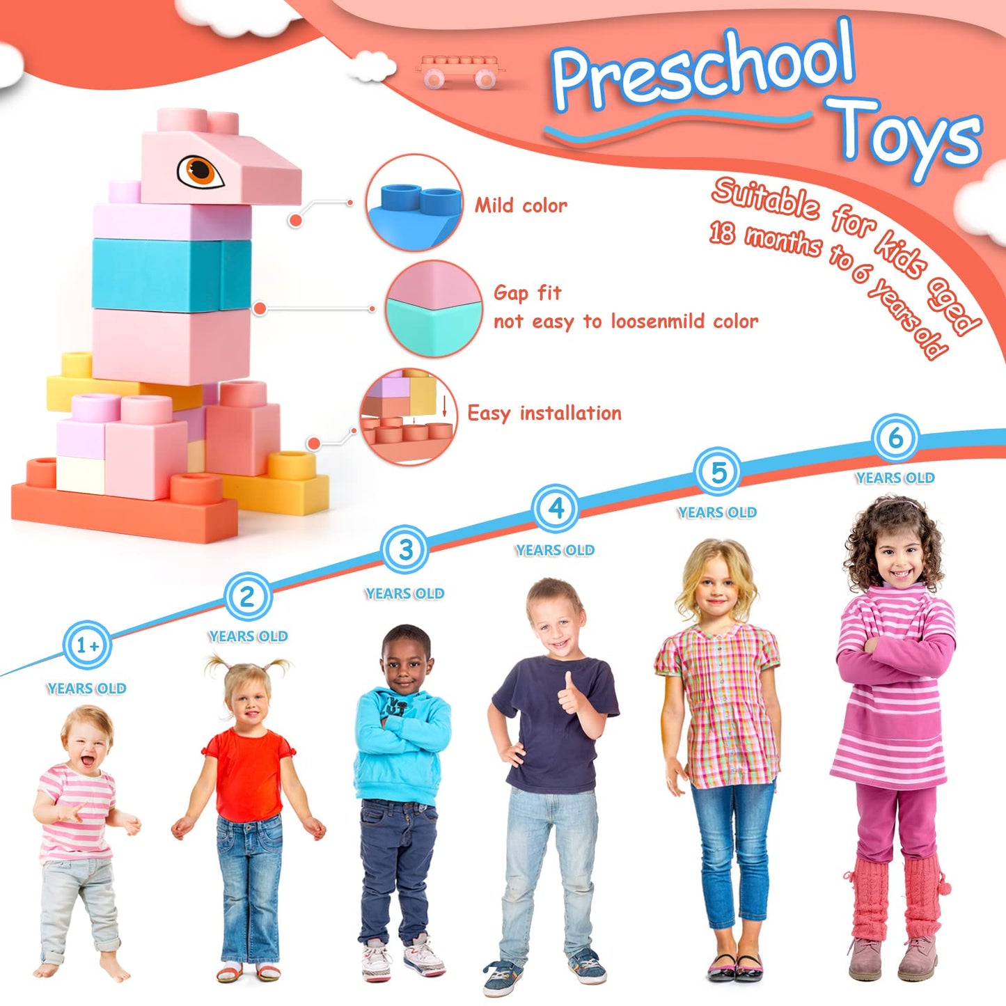 78 Pcs Top STEM Soft Building Block Sets for Kids Aged 18 months to 6 years.Mega Blocks for Baby.Large Construction Stacking Block Toys for Toddler to Improve Imagination、Creativity、Hands-on Ability